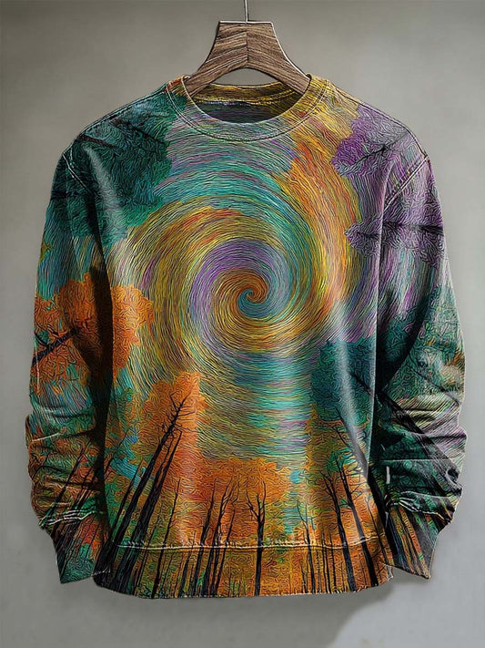 Abstract Van Gogh-inspired spiral print casual crewneck sweatshirt