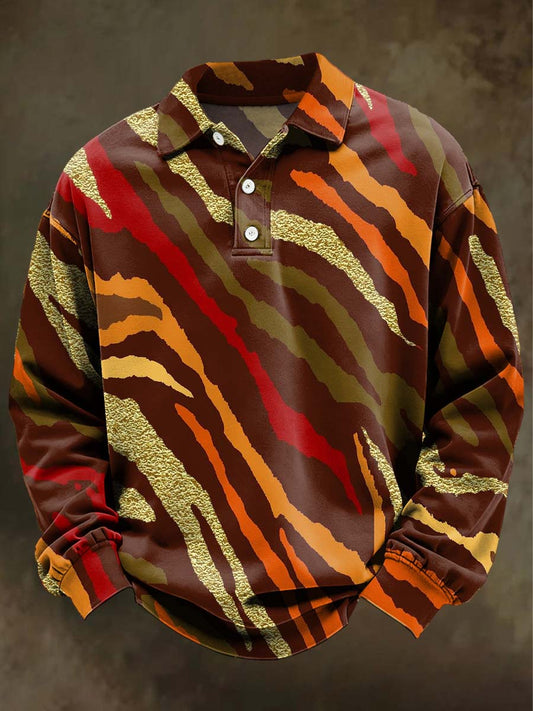 Wild Zebra Print Casual Long-Sleeve Polo Shirt