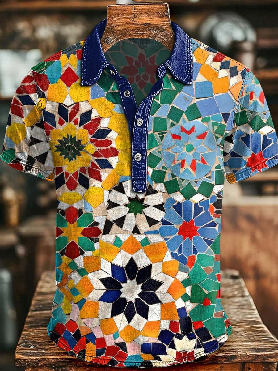Mosaic Print Casual Short-Sleeve Polo Shirt