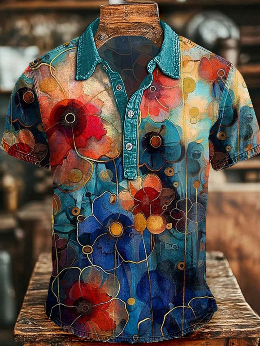 Watercolor Floral Print Casual Short-Sleeve Polo Shirt