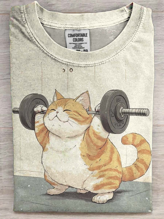 Weightlifting Cat Print Casual Short-Sleeve T-Shirt