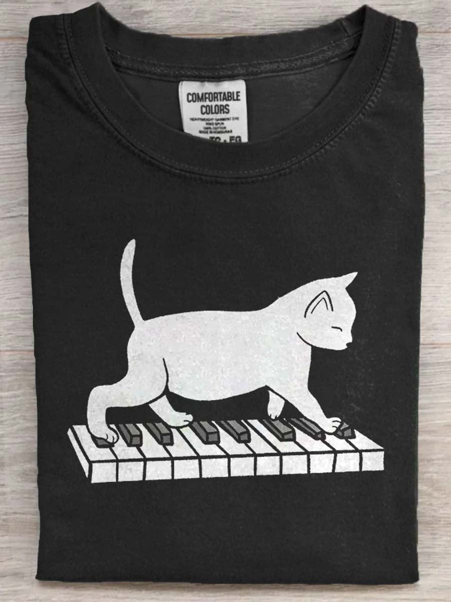 Piano Cat Print Casual Short-Sleeve T-Shirt