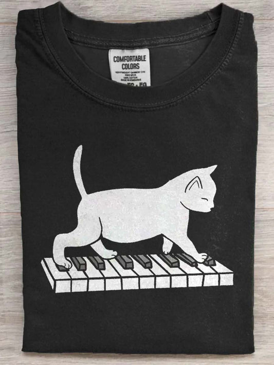 Piano Cat Print Casual Short-Sleeve T-Shirt