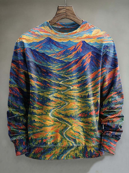 Abstract Impressionist Mountain Print Casual Crewneck Sweatshirt