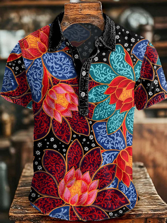 Datura Floral Print Casual Short-Sleeve Polo Shirt