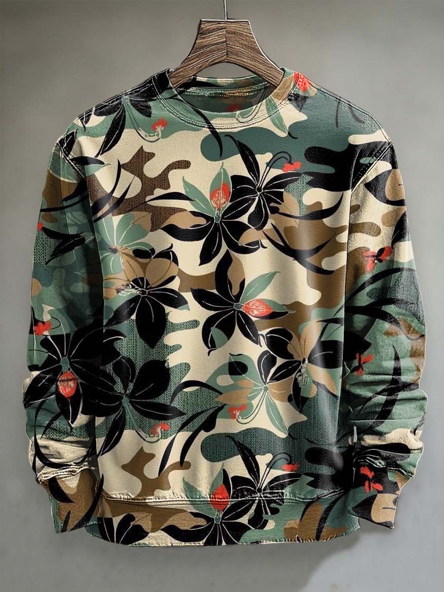 Abstract Camouflage Floral Print Casual Crewneck Sweatshirt