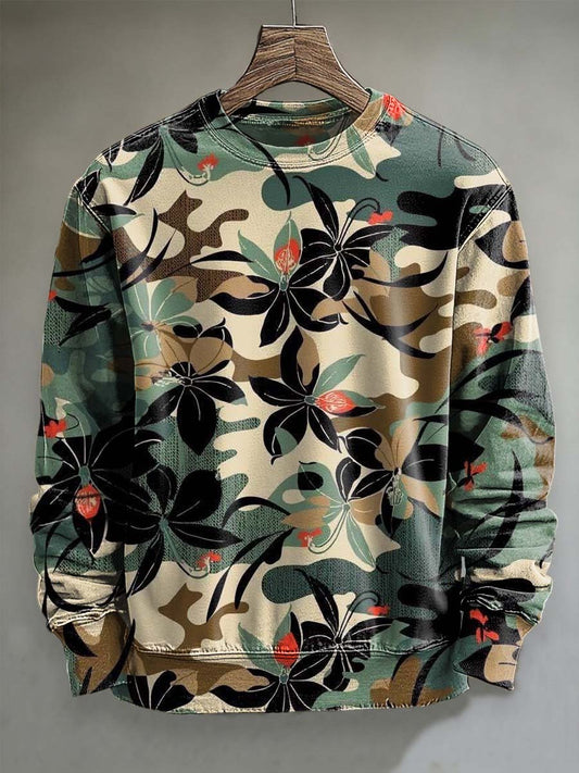Abstract Camouflage Floral Print Casual Crewneck Sweatshirt