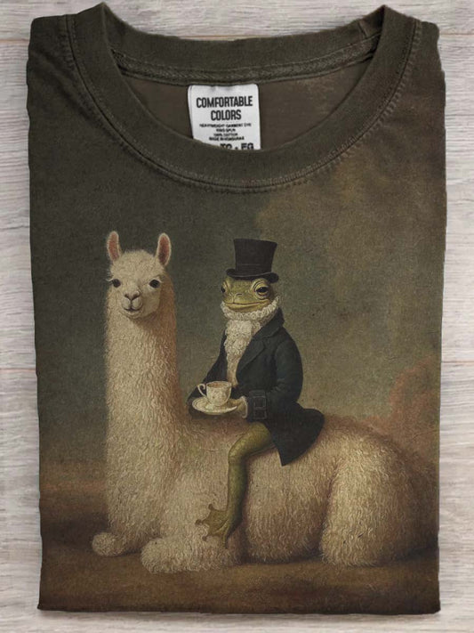 Gentleman Frog and Alpaca Print Casual Short-Sleeve T-Shirt