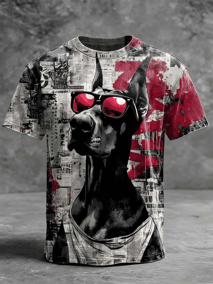 Graffiti Street Doberman Print Casual Short-Sleeve T-Shirt
