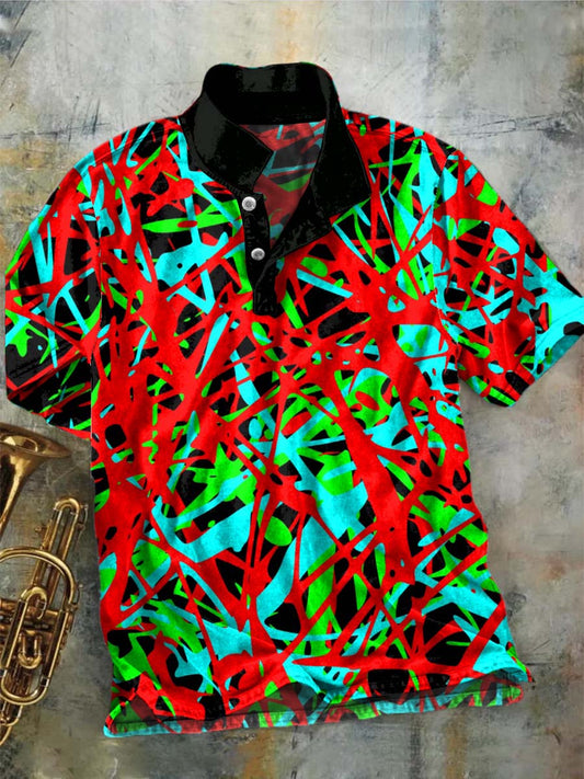 Neon Graffiti Print Casual Short-Sleeve Polo Shirt