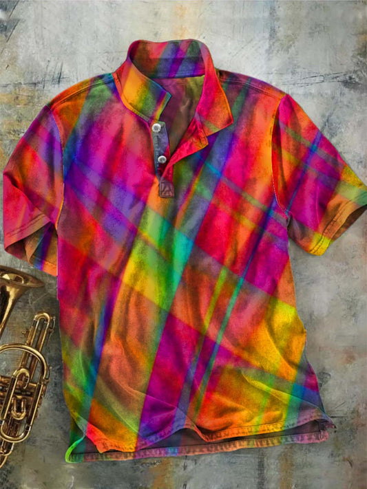 Rainbow Check Print Casual Short-Sleeve Polo Shirt
