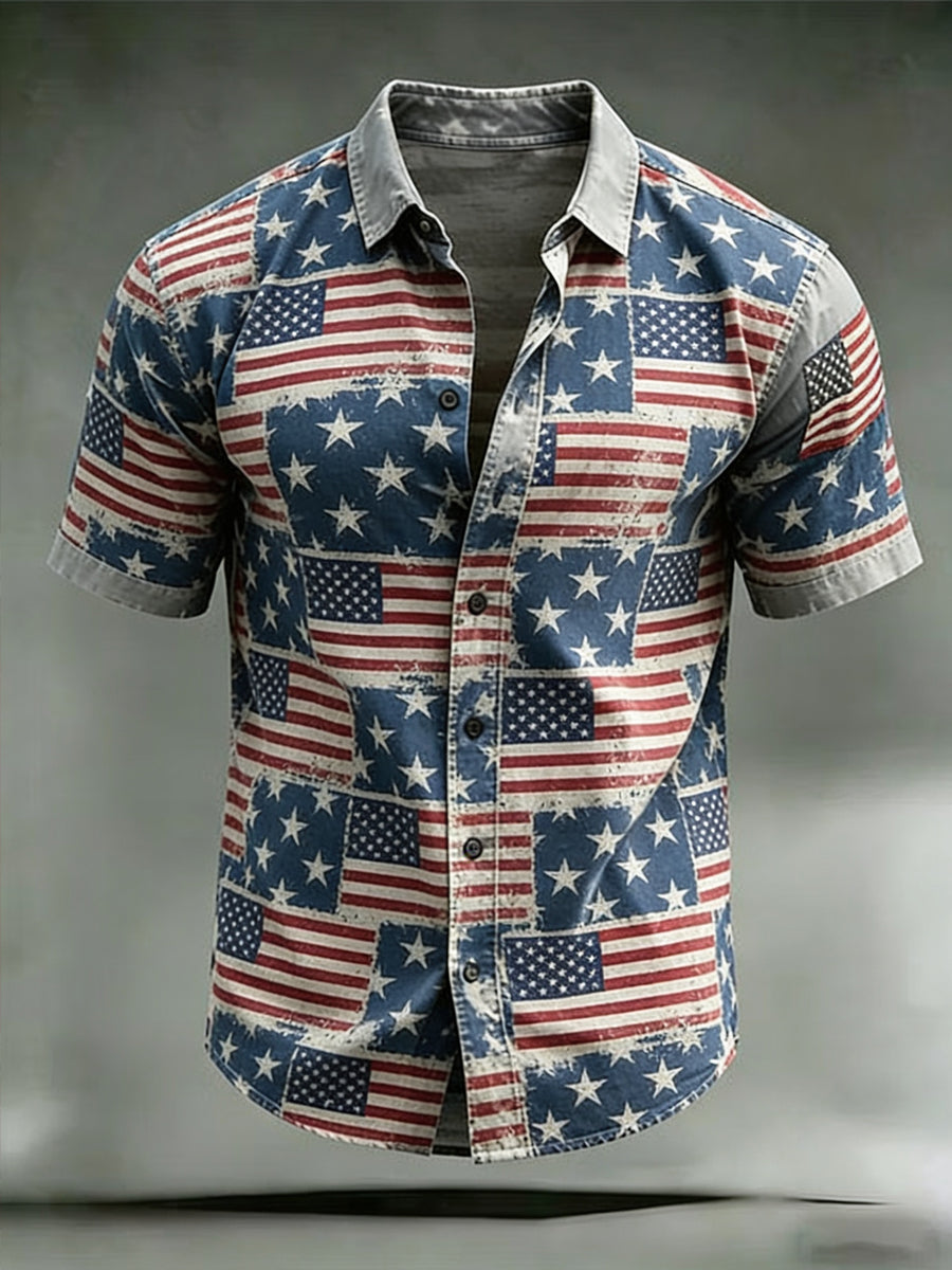 Flag Patchwork Distressed Print Casual Short-Sleeve Shirt