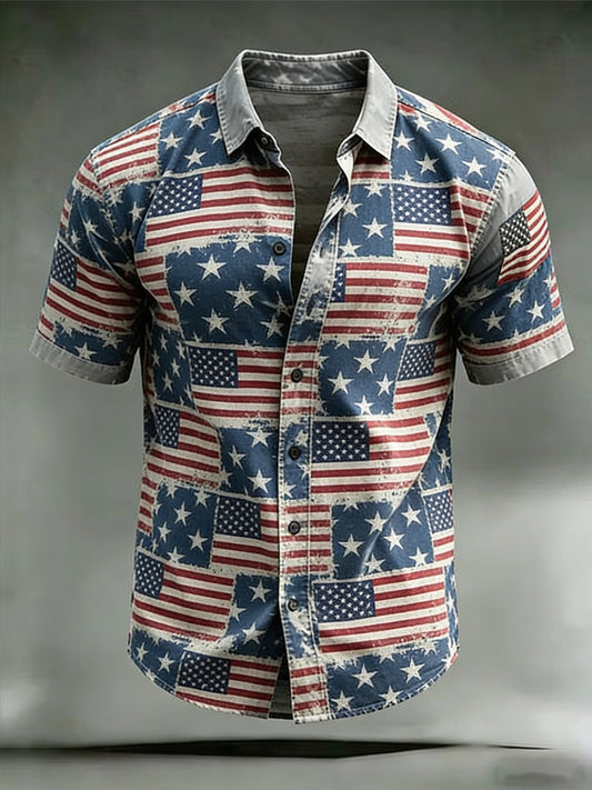 Flag Patchwork Distressed Print Casual Short-Sleeve Shirt