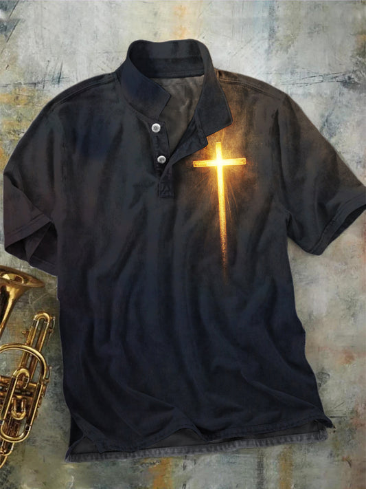 Holy Light Cross Print Casual Short-Sleeve Polo Shirt