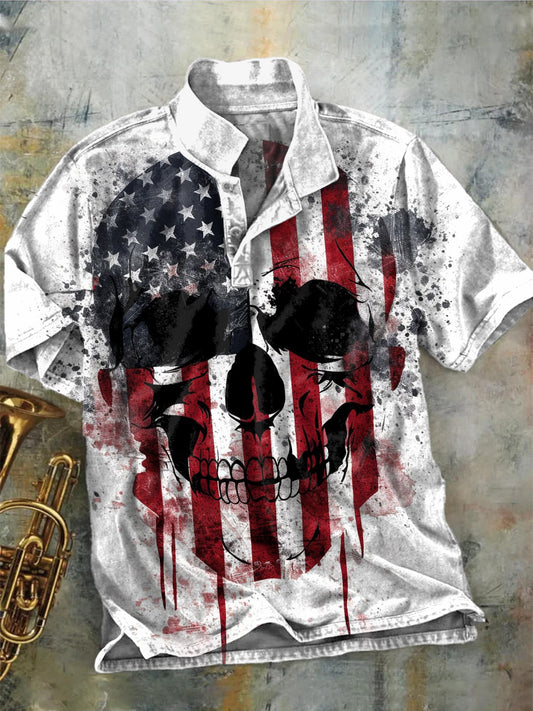 Flag and Skull Print Casual Short-Sleeve Polo Shirt
