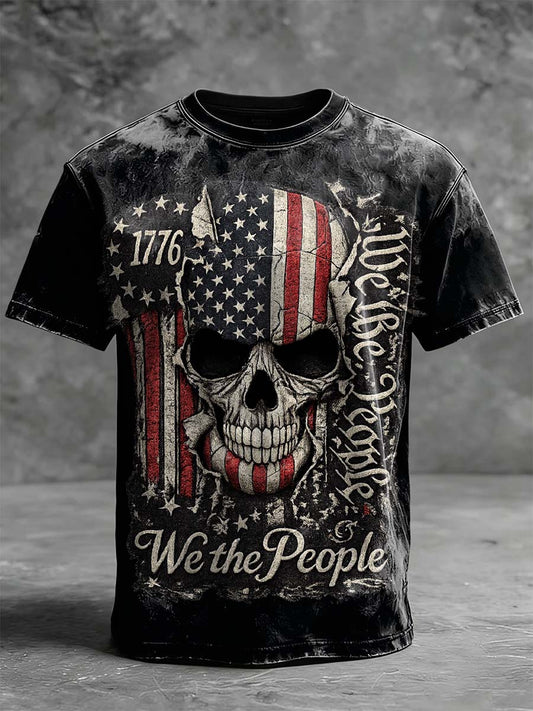 1776 Flag and Skull Print Casual Short-Sleeve T-Shirt