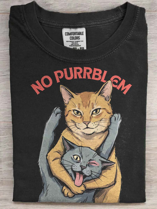 “No Purrblem” Orange Cat Print Casual Short-Sleeve T-Shirt