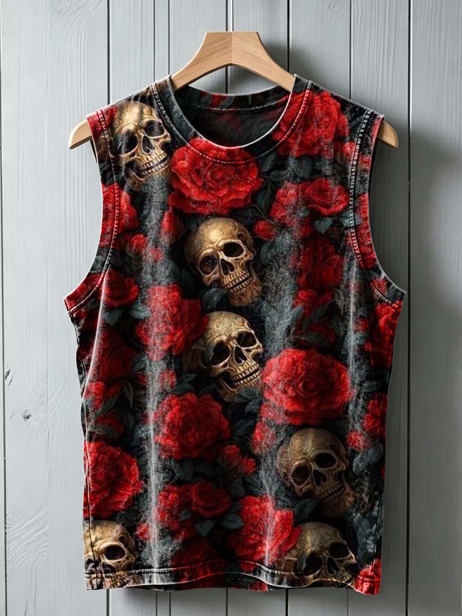 Red Rose Skull Print Casual Vest Top