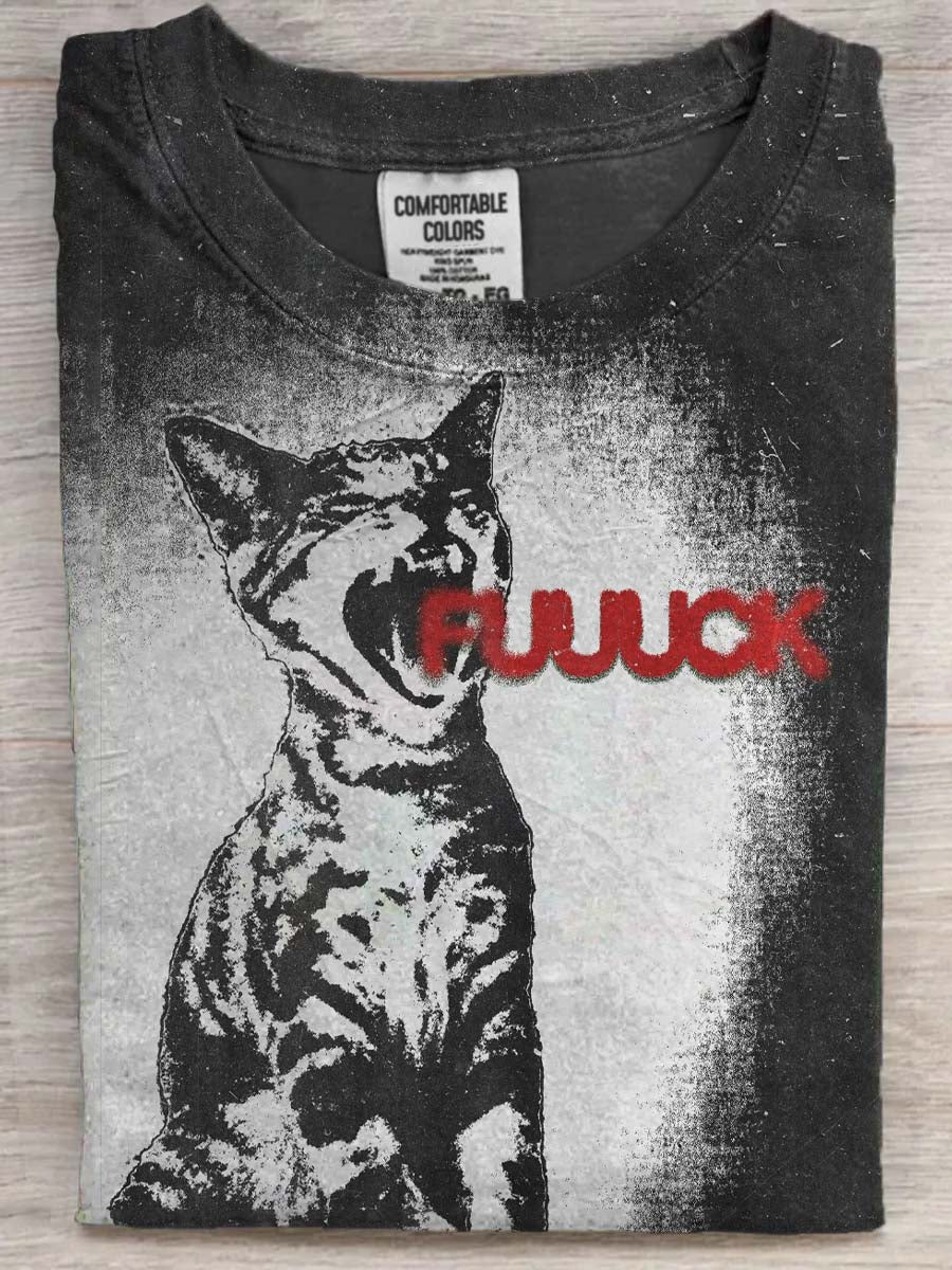 Grumpy, Swearing Cat Print Casual Short-Sleeve T-Shirt
