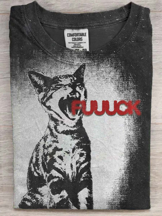 Grumpy, Swearing Cat Print Casual Short-Sleeve T-Shirt