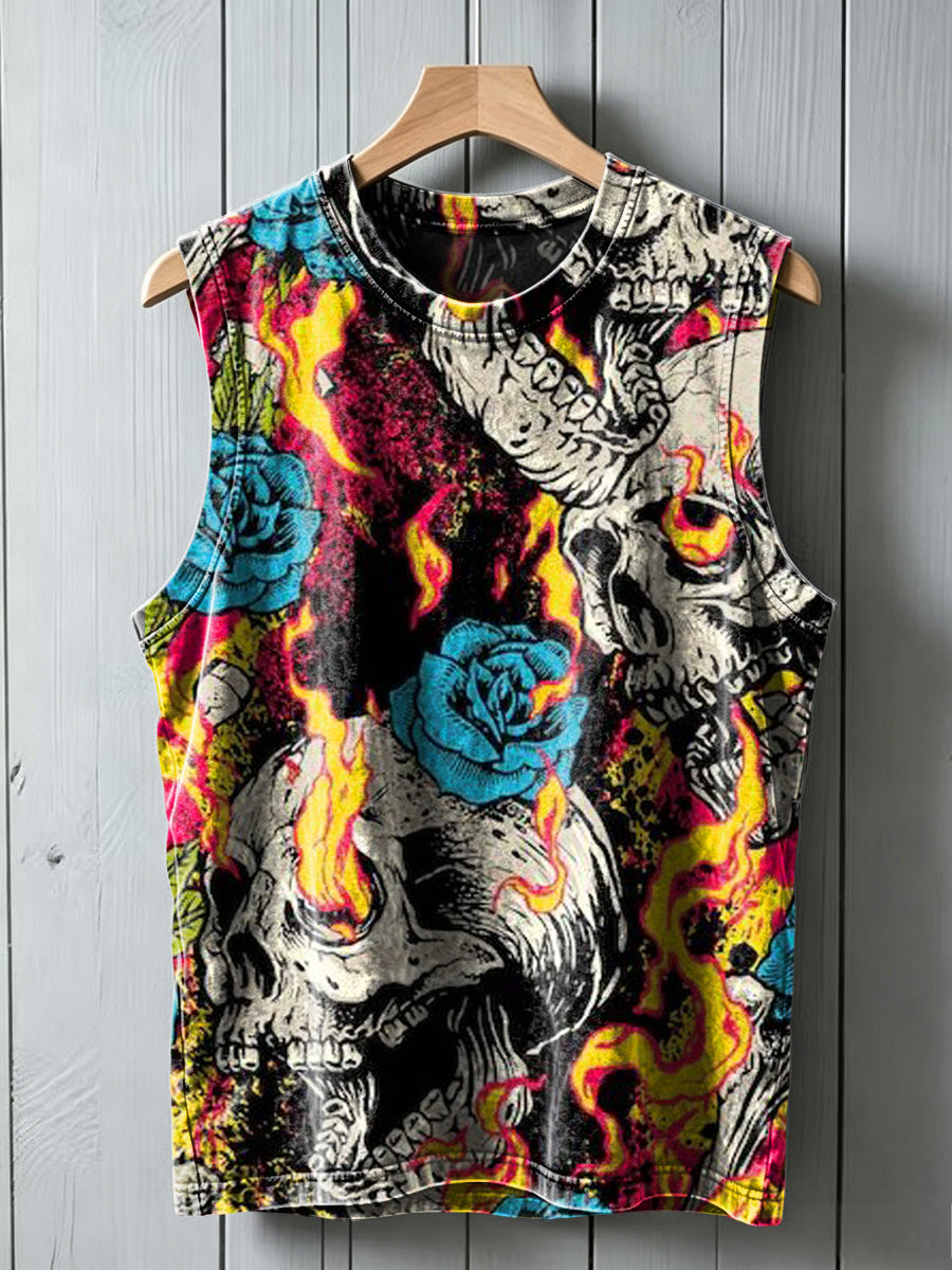 Flame Skull Rose Print Casual Vest Top