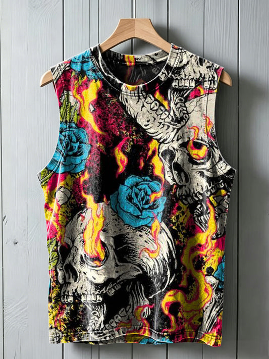 Flame Skull Rose Print Casual Vest Top