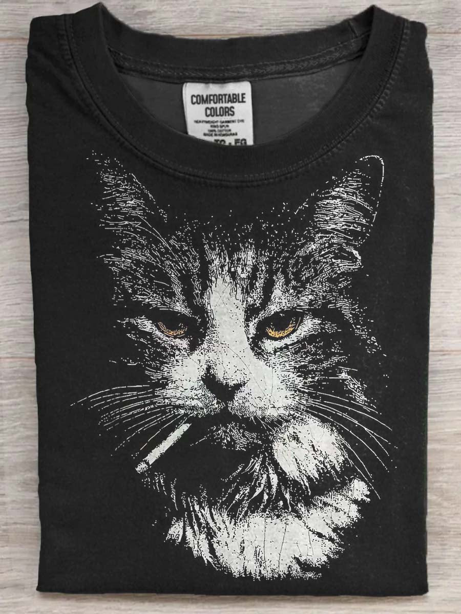 Smoking Cat Printed Casual Short-Sleeve T-Shirt