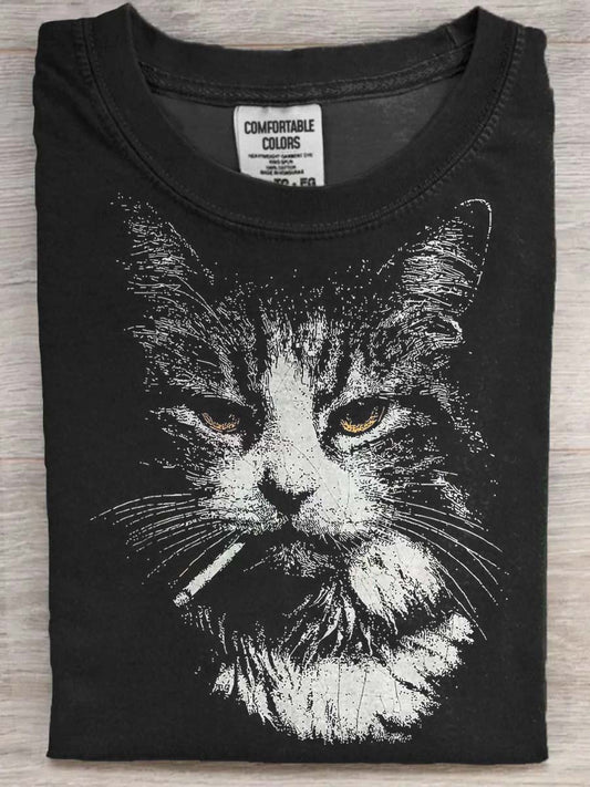 Smoking Cat Printed Casual Short-Sleeve T-Shirt
