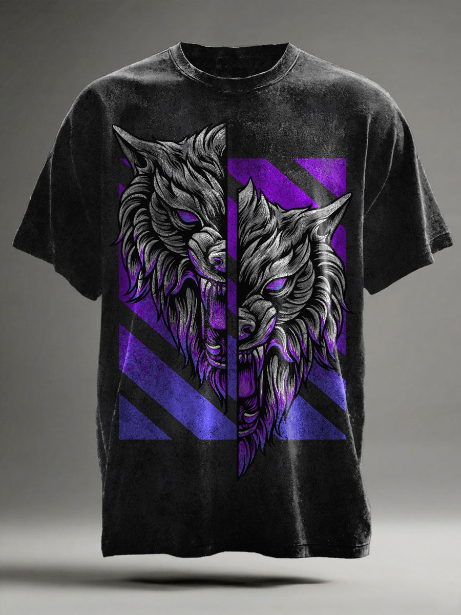 Double-Headed Wolf Printed Casual Short-Sleeve T-Shirt