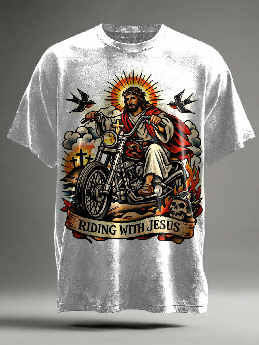 Jesus Motorcycle Printed Casual Short-Sleeve T-Shirt