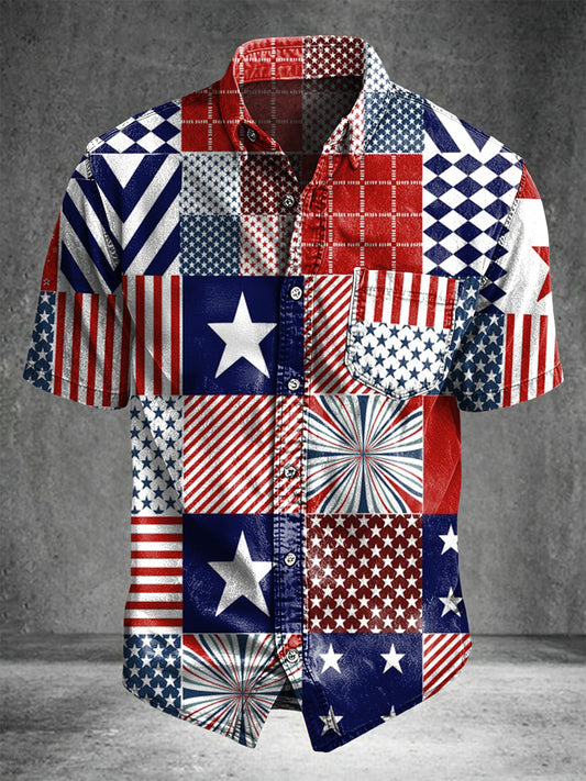 Stars and Stripes Print Casual Short-Sleeve Shirt