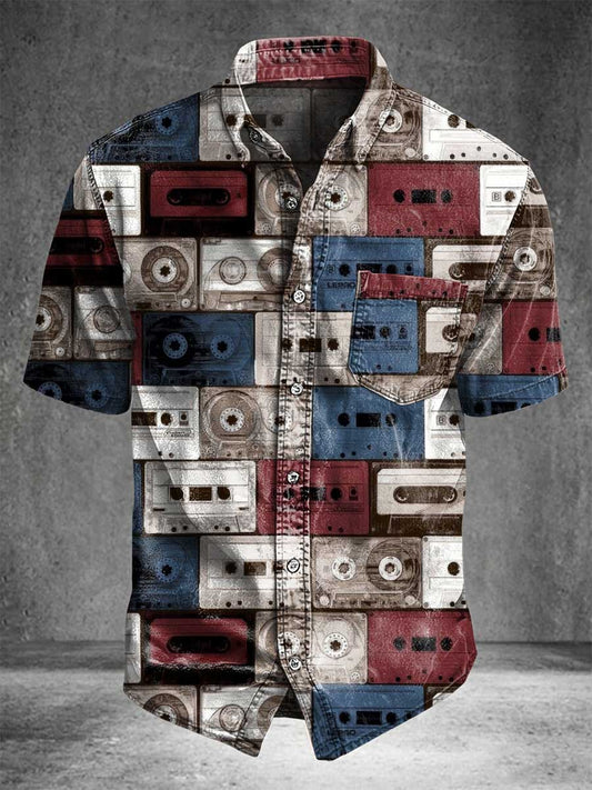 A A Retro Tape Print Casual Short-Sleeve Shirt
