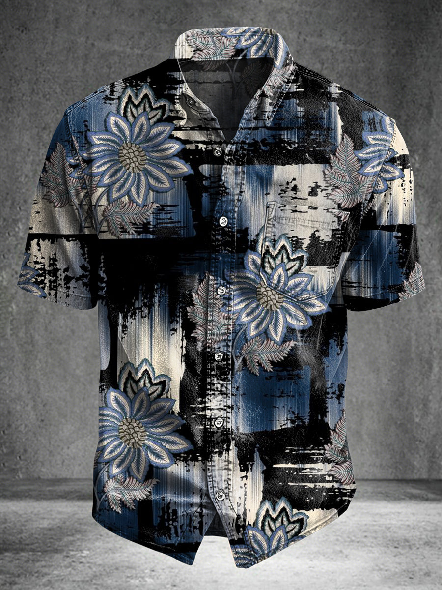 Blue Floral Print Casual Short-Sleeve Shirt