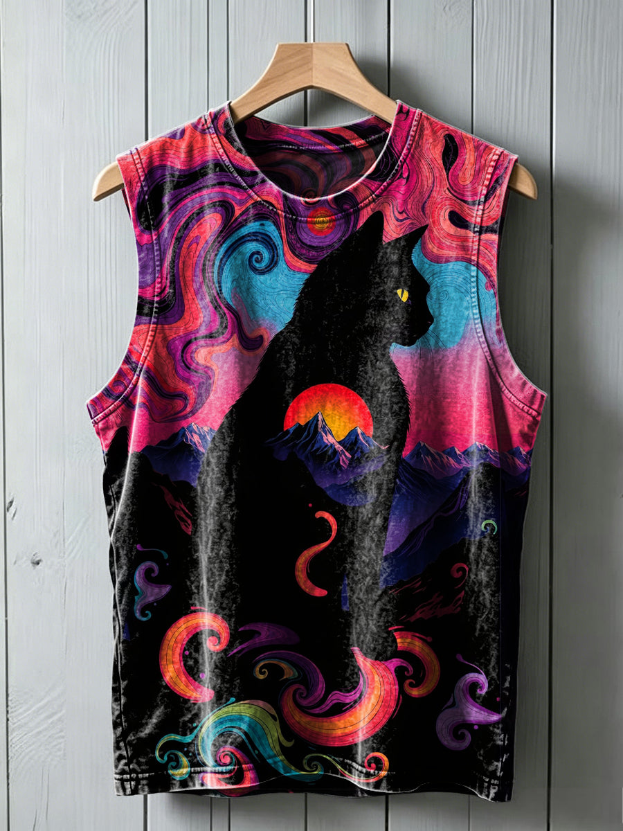 Psychedelic Black Cat Print Casual Vest Top
