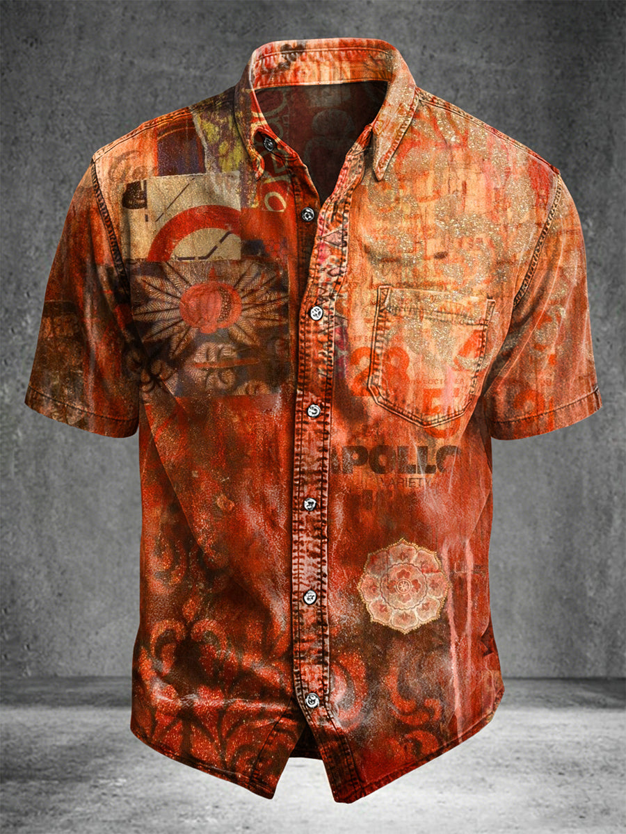 Retro Patchwork Print Casual Short-Sleeve Shirt
