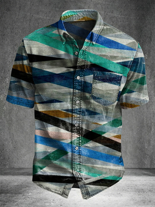 Geometric Color Block Print Casual Short-Sleeve Shirt