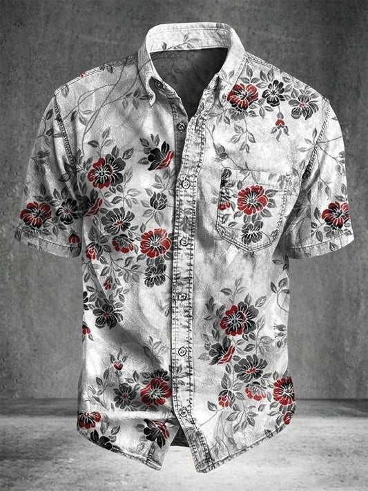 Retro Floral Print Casual Short-Sleeve Shirt