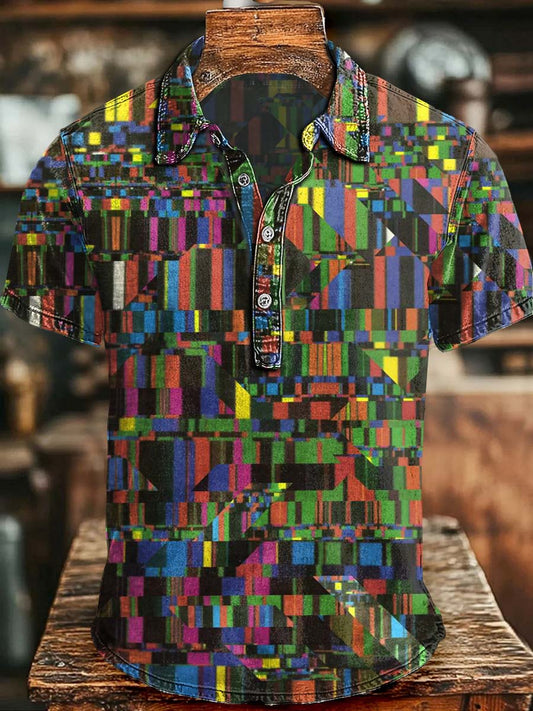 Color Block Glitch Style Printed Casual Short-Sleeve Polo Shirt