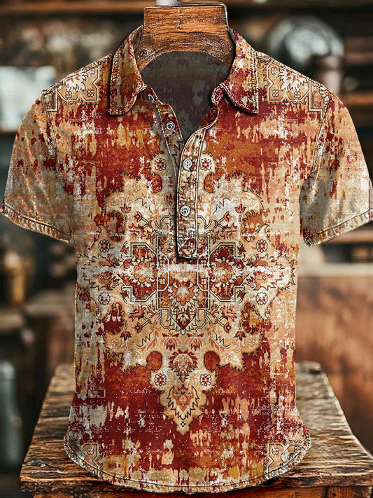 Retro Exotic Print Casual Short-Sleeve Polo Shirt