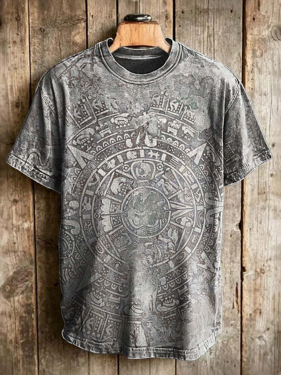 Aztec Solar Calendar Totem Print Casual Short-Sleeve T-Shirt