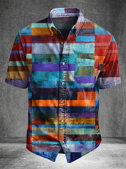 Rainbow Geometric Patchwork Print Casual Short-Sleeve Shirt