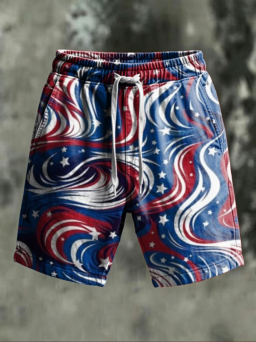 Star and Stripe Swirl Print Casual Shorts