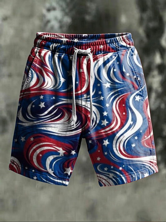 Star and Stripe Swirl Print Casual Shorts
