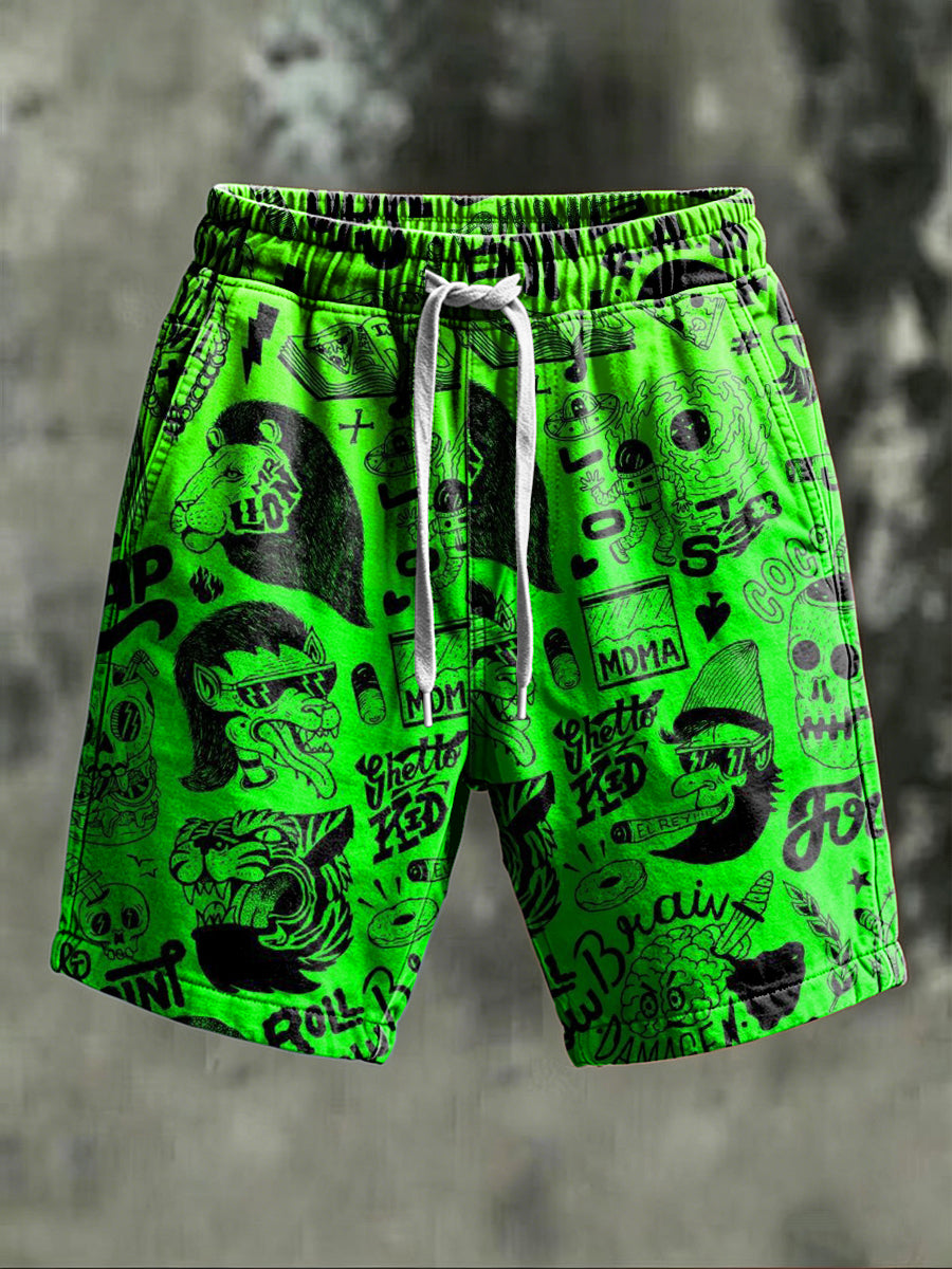 Fluorescent Green Graffiti Print Casual Shorts