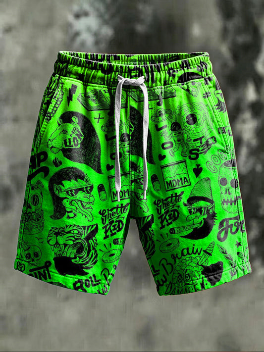 Fluorescent Green Graffiti Print Casual Shorts