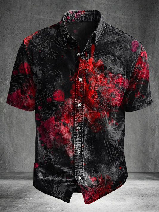 Dark Ink Splatter Print Casual Short-Sleeve Shirt