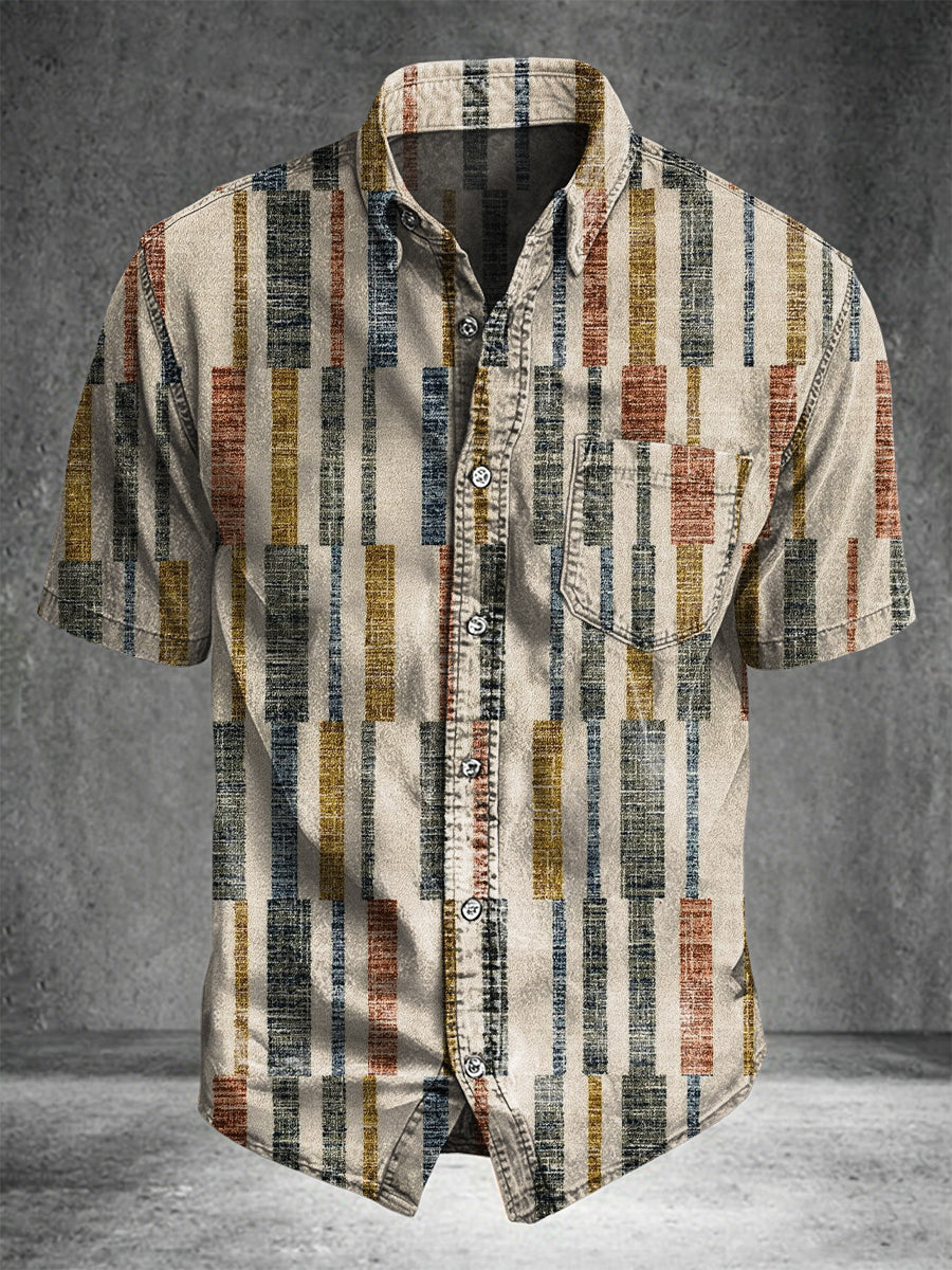 Retro Striped Building Block Print Casual Short-Sleeve Shirt
