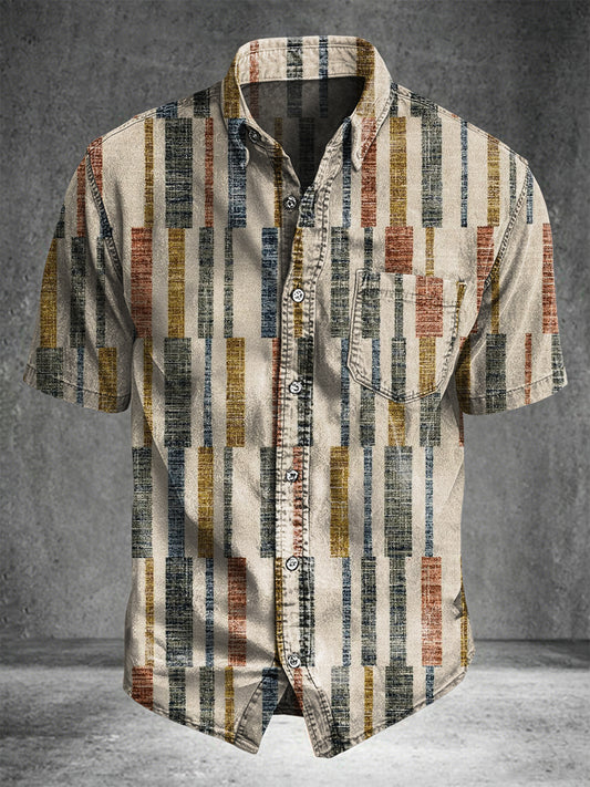 Retro Striped Building Block Print Casual Short-Sleeve Shirt