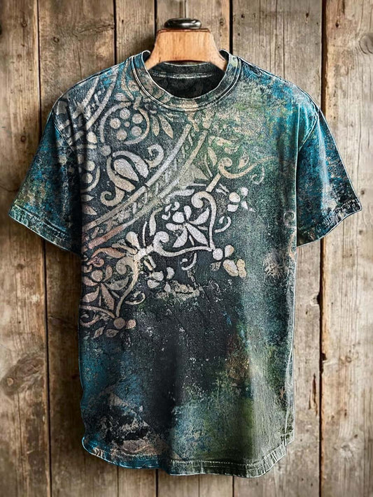 Retro-style scroll print casual short-sleeved T-shirt