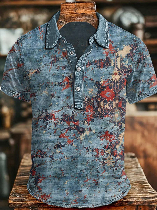 Western Retro Print Casual Short-Sleeve Polo Shirt